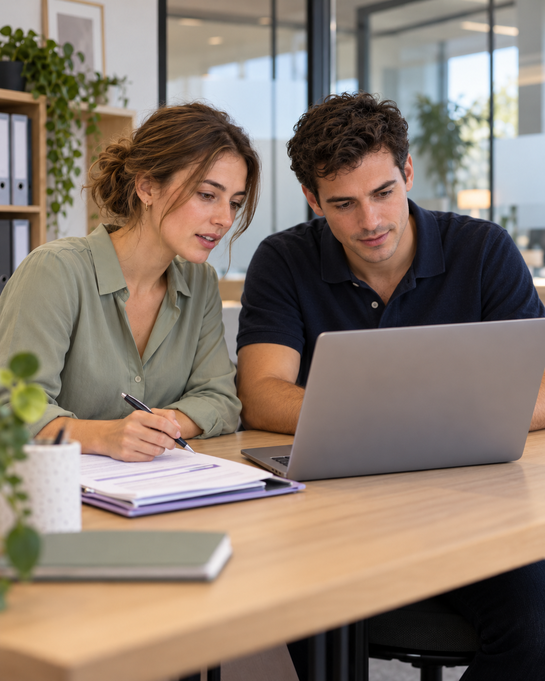 Illustration de deux jeunes professionnels d’un cabinet comptable travaillant ensemble devant un portable tourné vers eux